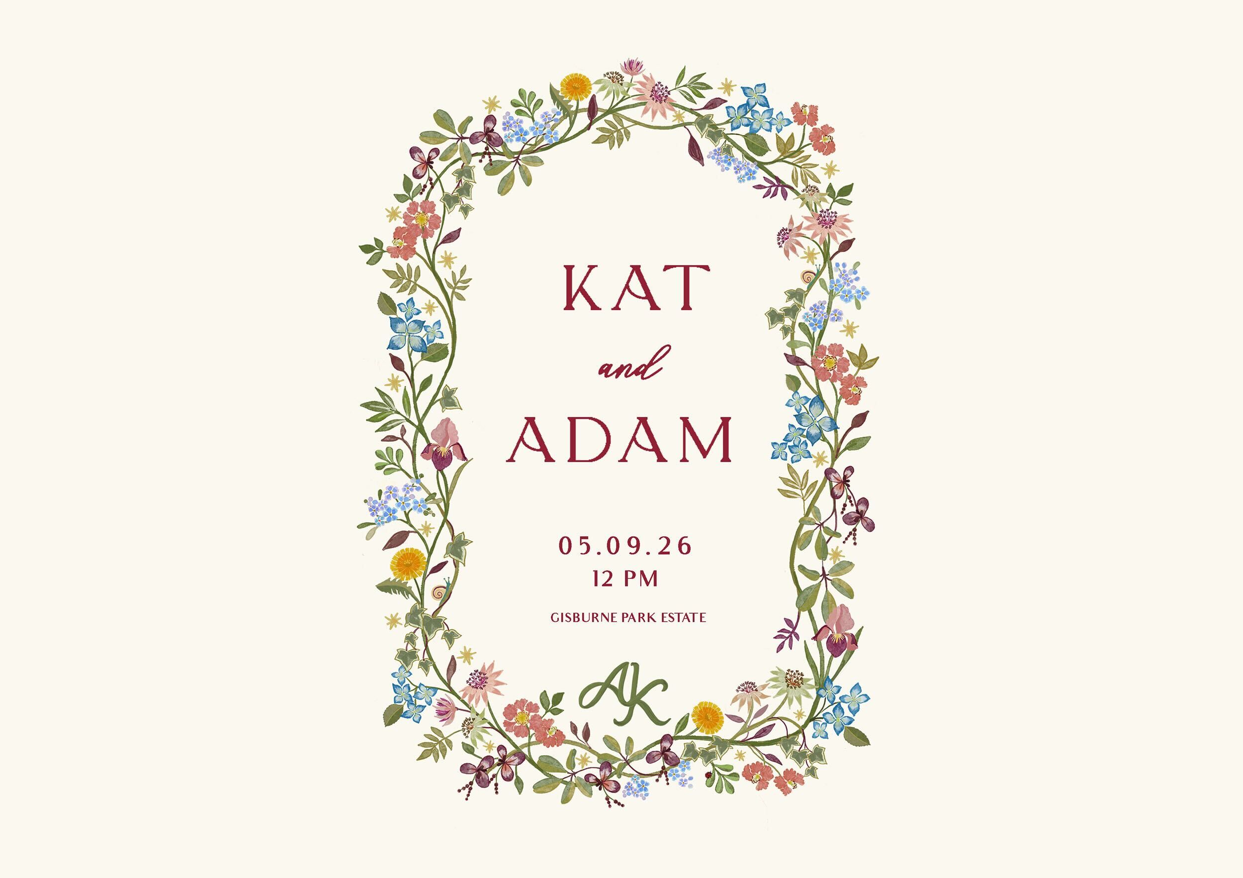 Kat and Adam wedding invitation — 05 September 2026, Gisburne Park Estate