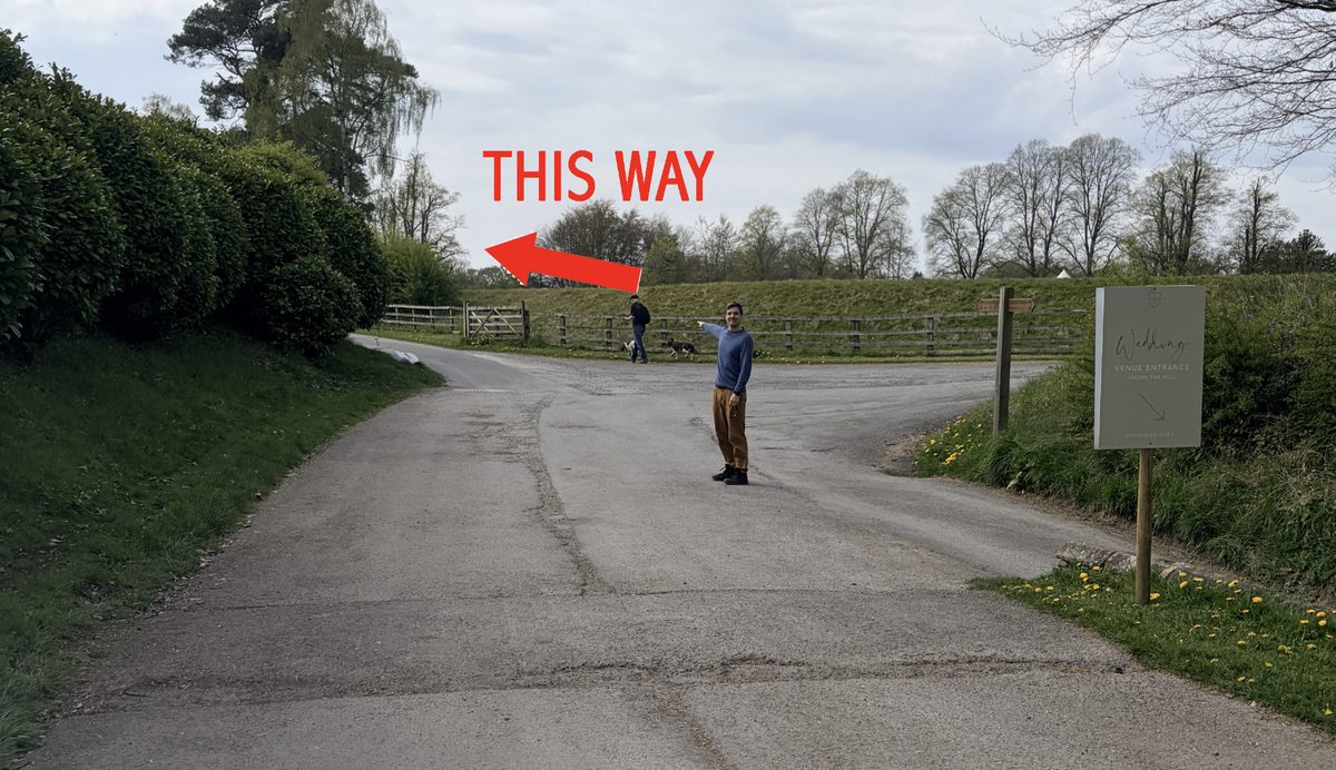 Junction on the estate drive — take the left fork marked Wedding Venue Entrance